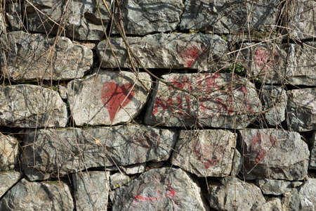 Wall made of stone covered with grass in early springの写真素材