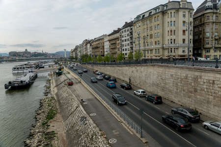 River Danube in Budapest Hungary with riverbanks and shipsのeditorial素材