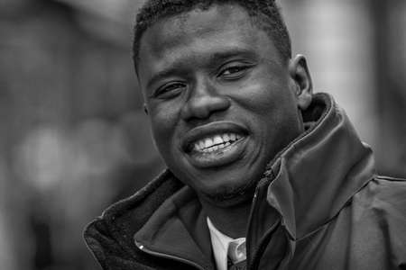Budapest, Hungary - April  11. 2016: Big guy with a big smile at the street posing in front of cameraのeditorial素材