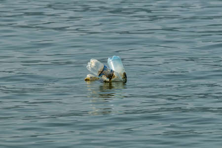 Plastic bottles that float the river Danubeの写真素材
