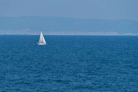 Primorsko, Bulgaria - September 09, 2016: Sailing boat on the high seasの写真素材