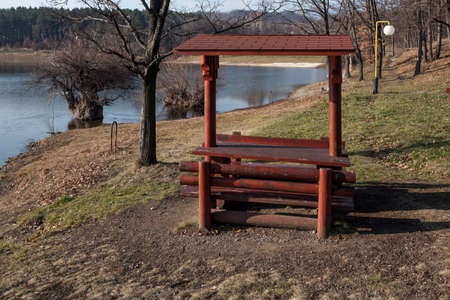 Benches with shelter Bor Lake  in late autumnの写真素材