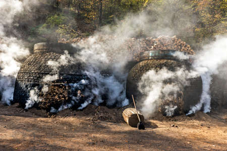The production of charcoal in a traditional manner in the forestの写真素材