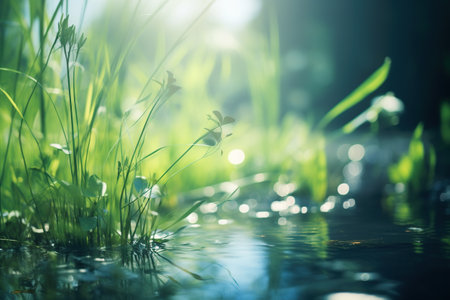 green grass in the water with bokeh, nature background.の素材
