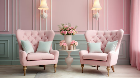 Luxury pink armchairs in classic interior.3d renderの素材