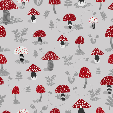 Vector seamless background of amanita with forest plants on greyのイラスト素材