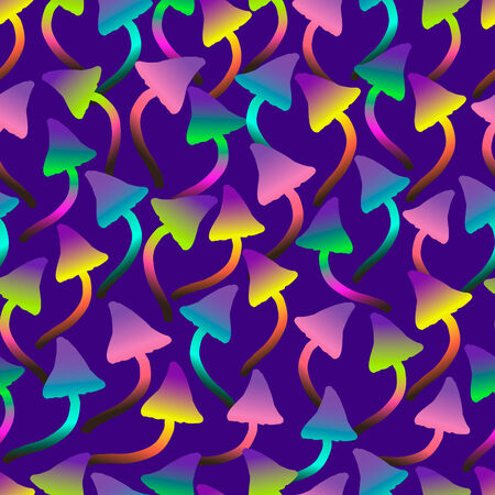Vector seamless pattern with decorative psychedelic mushrooms on blue backgroundのイラスト素材