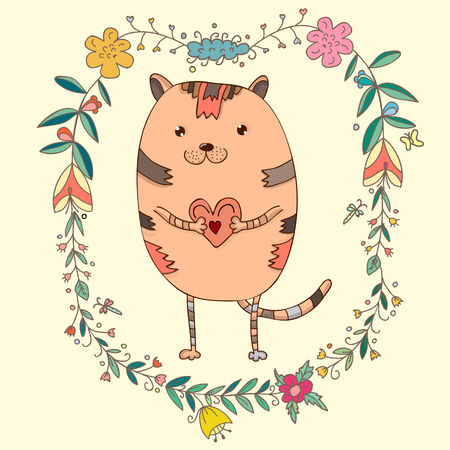 Cute cat in decorative floral elementsのイラスト素材