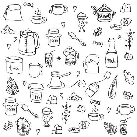 Tea and all stuff - Hand-drawn seamless vector pattern.のイラスト素材