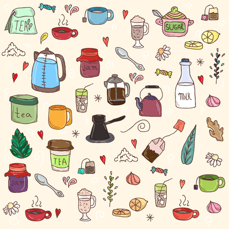 Tea and all stuff - Hand-drawn seamless vector pattern.のイラスト素材