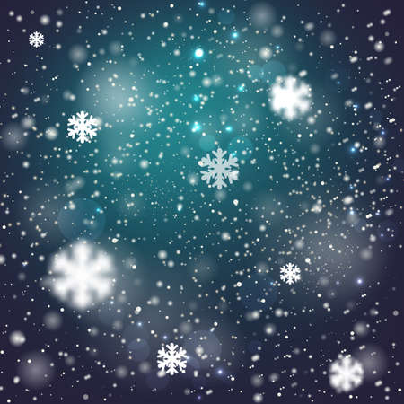 Winter blurred bokeh background with glowing snowflakes. Great holiday design for New Year greeting cards, posters and flyersのイラスト素材