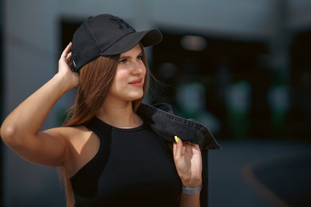 Portrait of a pretty attractive sexy young woman with natural makeup with beautiful eyes in a fashionable denim jacket in a black stylish dress. american girl walking in cityの写真素材