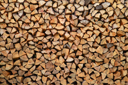 Dry birch firewood stacked in a neat woodpile. A supply of wood for kindling the fireplace. wooden texture.の写真素材