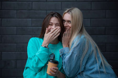 LGBT Lesbian couple love moments concept of happiness. Friends share secretsの写真素材