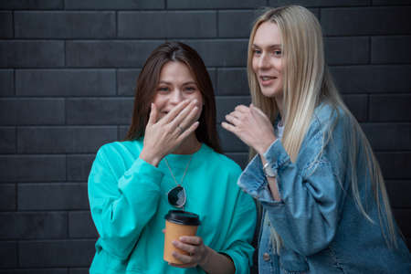 LGBT Lesbian couple love moments concept of happiness. Friends share secretsの写真素材