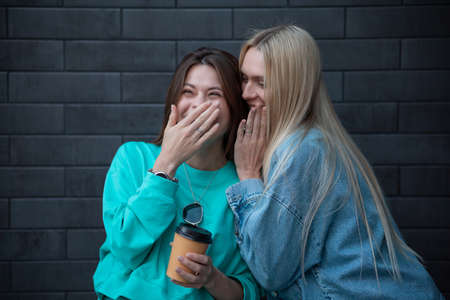 LGBT Lesbian couple love moments concept of happiness. Friends share secretsの写真素材