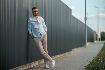 Fashion model handsome young man with trendy hairstyle in sunglasses in white shirt in light jeans posing near vintage wall on street on sunny day. Attractive american guy on walk.の写真素材