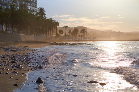 Sunset on the beach in Palma de Mallorca, Spainの写真素材