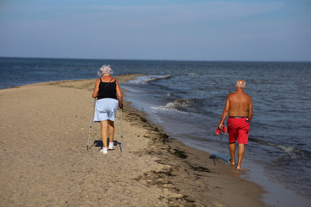 Elderly couple walking on the beach in sunny day, back viewの写真素材