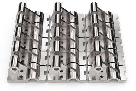 Shiny metal parts made of steel on a white background. Studio lighting. Polished stainless steel....