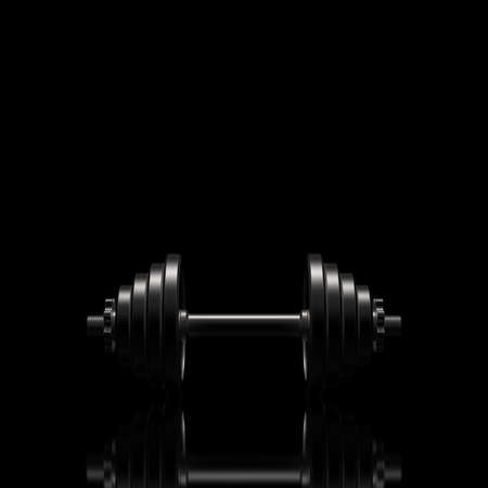 Dumbbell on a black reflective surface. Professional studio lighting from above. The silhouette of a heavy metal dumbbell. Cast iron discs and handle. Square proportions. 3D illustration.の写真素材