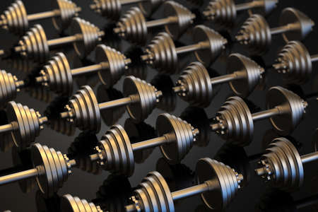 Dumbbells on a black reflective surface. Professional studio lighting. Array of heavy metal dumbbells. Cast iron discs and handle. Training equipment. 3D illustrationの写真素材