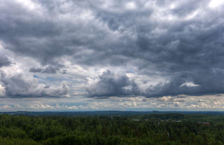 Heavy clouds over an dense forest beneathの写真素材