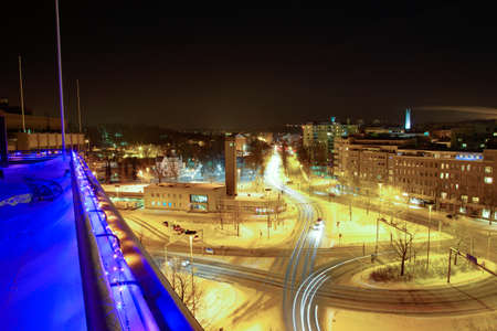 Old bus station and roundabout on winternight in city of Lahti, Finlandの写真素材