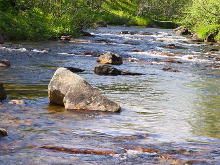 Threshold on northern river in the summer. The rough river.
