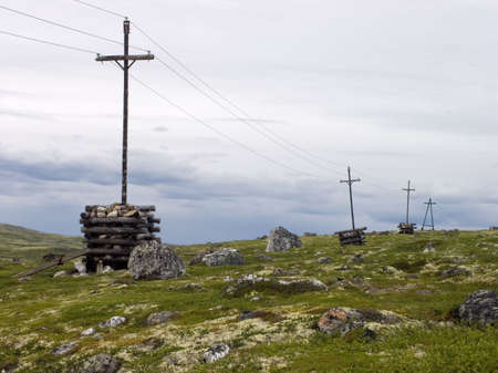 Transmission equipment in tundra in the Russian north in the summerの写真素材