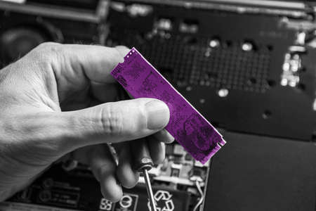 The service technician holds a new purple ssd drive in his hands, which he wants to put in the...