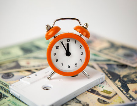 The orange alarm clock is located on a white audio music cassette and US dollar bills. The clock is five minutes to twelve o'clock. Minimal concept of music, time, money and alarm.の写真素材