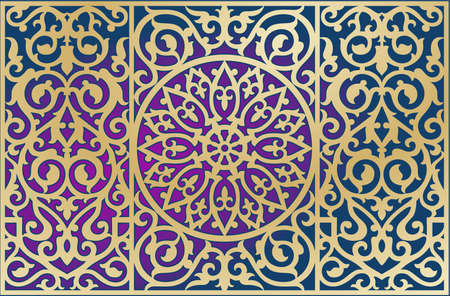 ORNAMENT ON THE BACKGROUND. GOLDEN CONTOUR. TRANSITION OF COLORS. ISLAMIC, EASTERN, ARAB, PERSIAN, KAZAKHのイラスト素材
