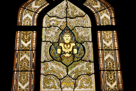 Stained glass window of angel, Wat Benjamobopith, Bangkok Thailandの写真素材