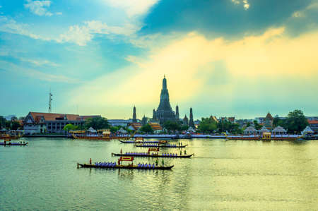 Royal Barge Procession in sunset ,Thailandの写真素材