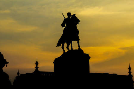 Sunset of Thai King statue monument in Ayutthaya Thailandの写真素材