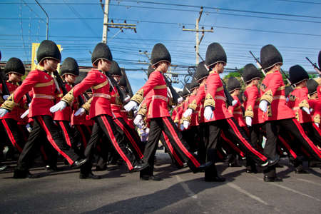HUA HIN- DECEMBER 5  Soldiers in parade uniforms to celebrate for the 86th birthday of HM King Bhumibol Adulyadej on December 5, 2013 in Hun Hin, Thailand のeditorial素材