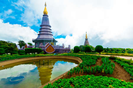 Landscape of two pagodas Noppamethanedol & Noppapol Phumsiri in an Inthanon mountain, Thailand.の写真素材