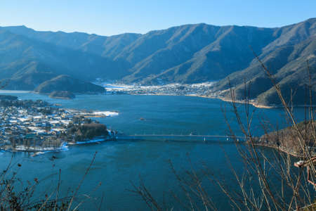 View on top of Kawaguchiko lake in japanの写真素材