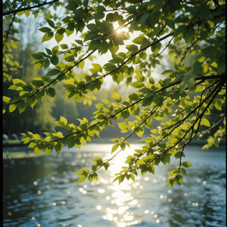 green leaves on the background of the lake and the sun in a summer dayの素材