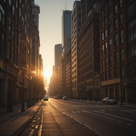 Street in downtown Chicago at sunset, Illinois, United States of Americaの素材