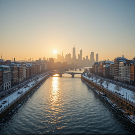 Panoramic view of the skyline of Frankfurt am Main at sunset, Germanyの素材