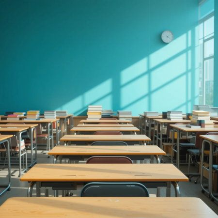 Empty classroom with desks and chairs in front of the window, stock photoの素材