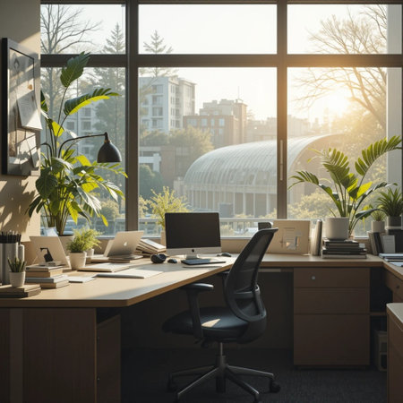 Interior of modern office with city view and sunlight. 3D Renderingの素材