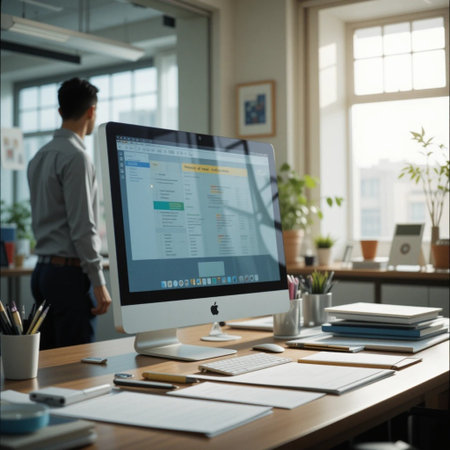 Businessman analyzing investment charts on computer screen in office. Accounting and finance conceptの素材