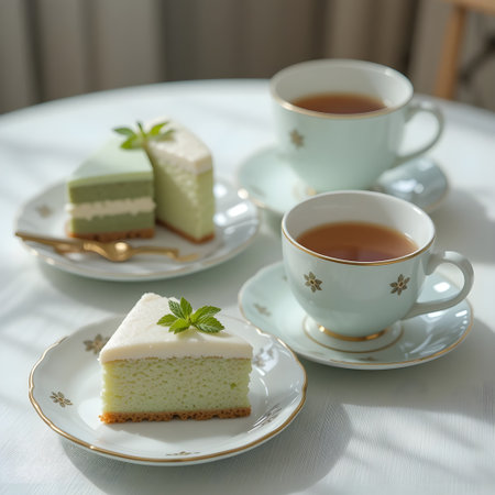 Cup of tea with green tea cake on a white table.の素材