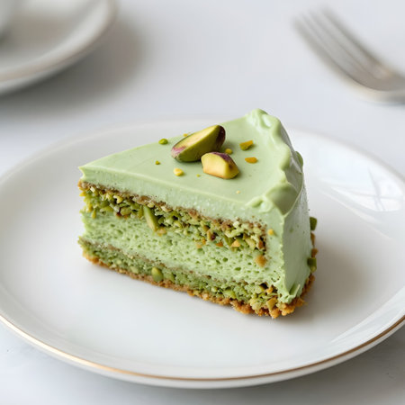 Green tea cake with pistachios on a white plate, selective focusの素材