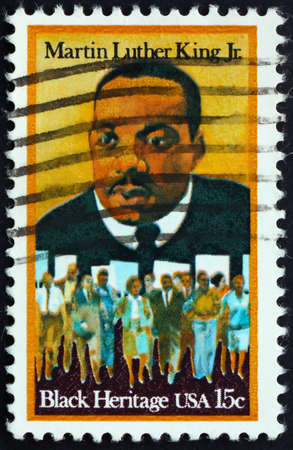 United States of America - circa 1979: a stamp printed in the United States of America shows dr. Martin Luther King Jr. And civil rights marchers, Black heritage, circa 1979の写真素材