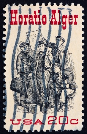 UNITED STATES OF AMERICA - CIRCA 1982: a stamp printed in the United States of America shows Frontispiece from Ragged Dick by Horatio Alger, circa 1982の写真素材