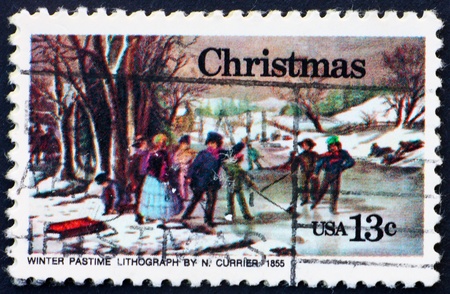 UNITED STATES OF AMERICA - CIRCA 1976: a stamp printed in the United States of America shows painting Winter Pastime, by Nathaniel Currier, circa 1976の写真素材
